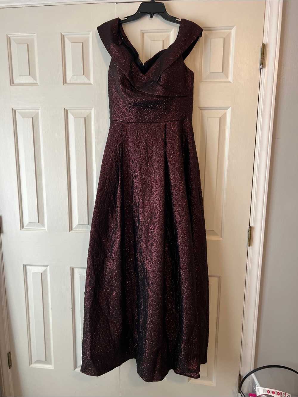 Alex Evenings Wine Glitter Off-Shoulder Maxi Dress